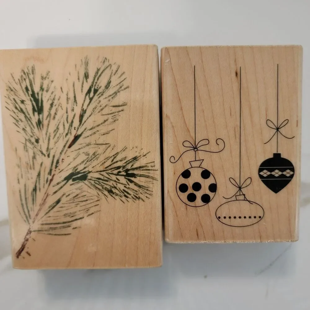Hanging ORNAMENTS & Real PINE Christmas Mounted Rubber Stamps Lot of 2